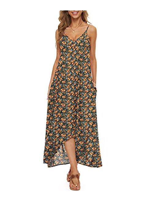 LILBETTER Women V-Neck Polka Dot Print Spaghetti Strap Boho Long Maxi Dresses