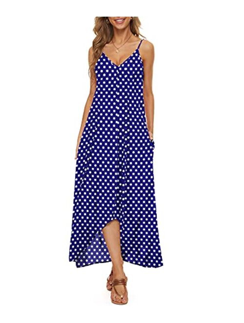 LILBETTER Women V-Neck Polka Dot Print Spaghetti Strap Boho Long Maxi Dresses