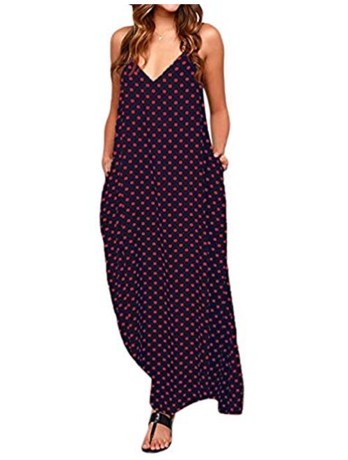 LILBETTER Women V-Neck Polka Dot Print Spaghetti Strap Boho Long Maxi Dresses