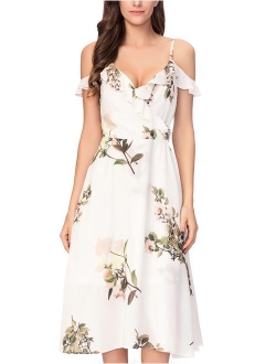 Noctflos Women's Summer Floral Cold Shoulder Midi Dress for Casual Cocktail Wedding Guest