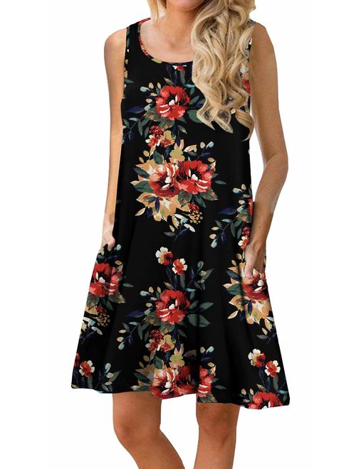 PrinStory Women Summer Floral Print Casual T Shirt Dresses Beach Cover Up Plain Pleated Tank Dress