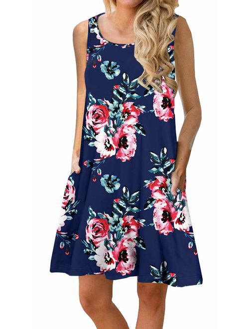 PrinStory Women Summer Floral Print Casual T Shirt Dresses Beach Cover Up Plain Pleated Tank Dress