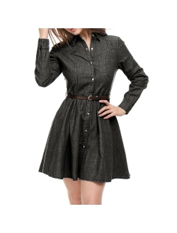 Women's Long-Sleeves Belted Flared Above Knee Denim Shirt Dress