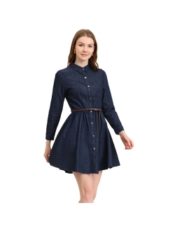 Women's Long-Sleeves Belted Flared Above Knee Denim Shirt Dress