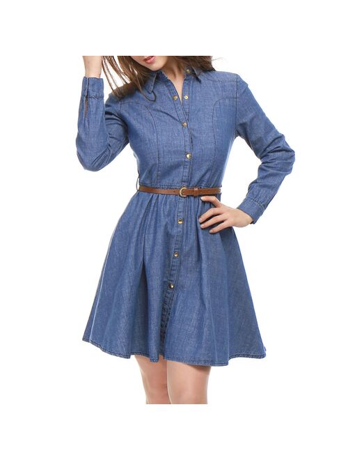 Allegra K Women's Long-Sleeves Belted Flared Above Knee Denim Shirt Dress