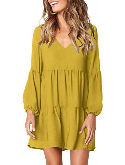 FAVALIVE Womens Casual Loose Short Sleeve V Neck Solid Color Dress