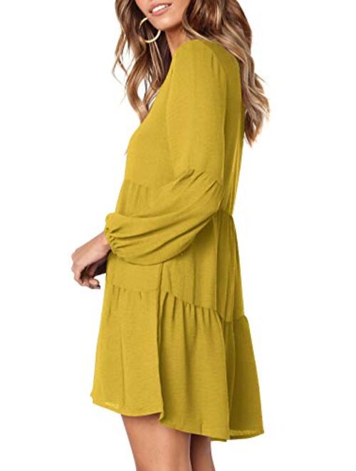 FAVALIVE Womens Casual Loose Short Sleeve V Neck Solid Color Dress