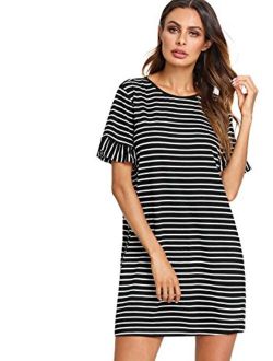 Women's Striped Short Sleeve Loose Swing T-Shirt Dress