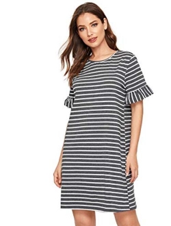 Women's Striped Short Sleeve Loose Swing T-Shirt Dress