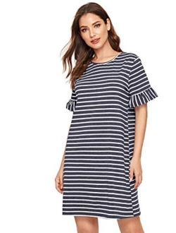 Women's Striped Short Sleeve Loose Swing T-Shirt Dress