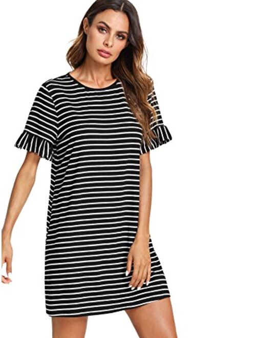 Floerns Women's Striped Short Sleeve Loose Swing T-Shirt Dress