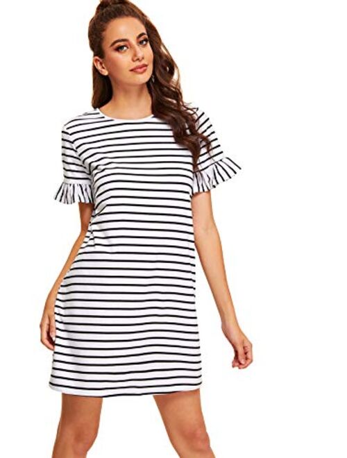 Floerns Women's Striped Short Sleeve Loose Swing T-Shirt Dress