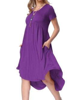 levaca Women's Pockets High Low Pleated Loose Swing Casual Midi Dress