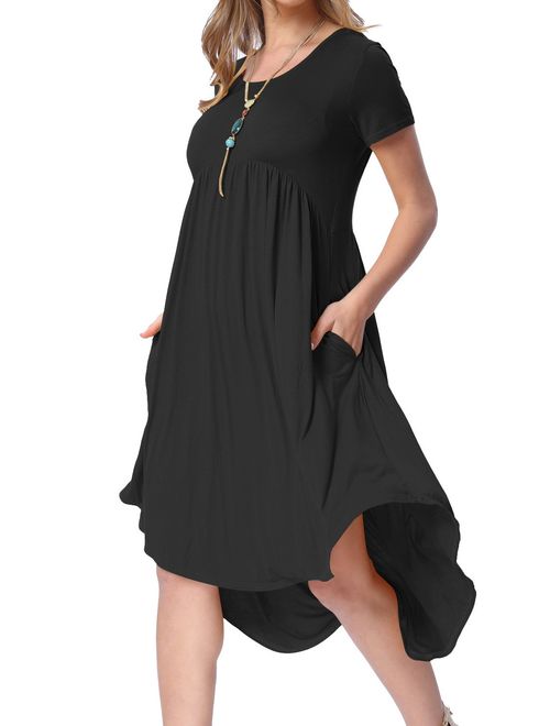 levaca Women's Pockets High Low Pleated Loose Swing Casual Midi Dress