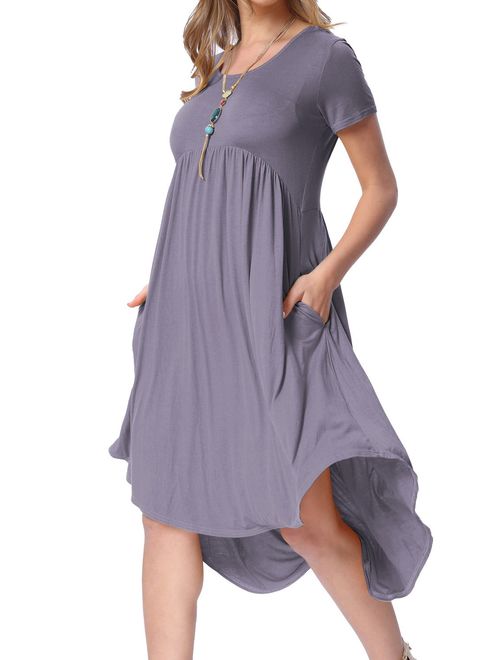 levaca Women's Pockets High Low Pleated Loose Swing Casual Midi Dress