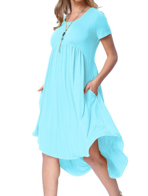 levaca Women's Pockets High Low Pleated Loose Swing Casual Midi Dress