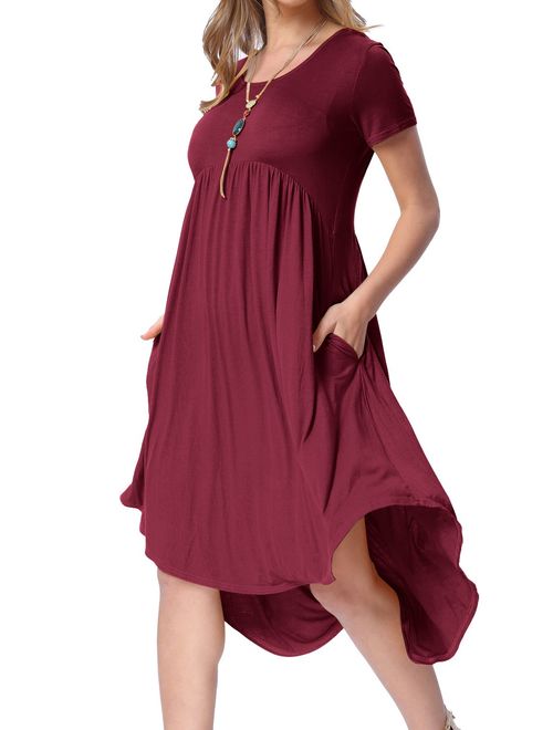 levaca Women's Pockets High Low Pleated Loose Swing Casual Midi Dress