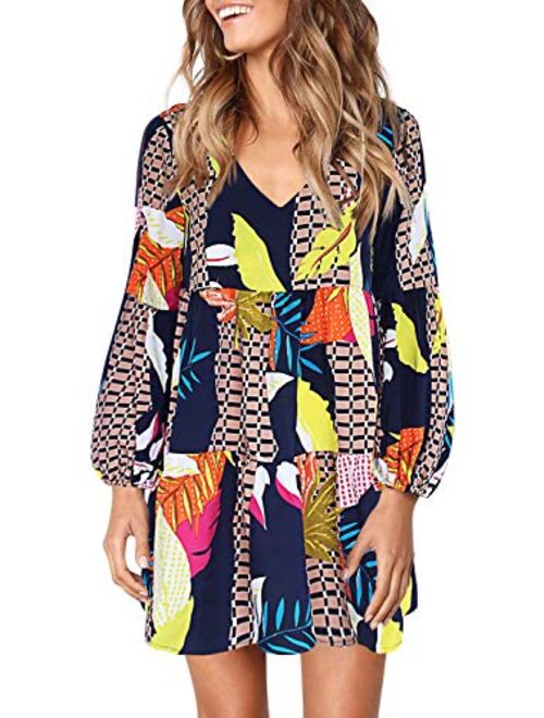 FOWSMON Women's Tunic Dress Cute Printed V Neck Long Sleeve Casual Swing Ruffle Dress