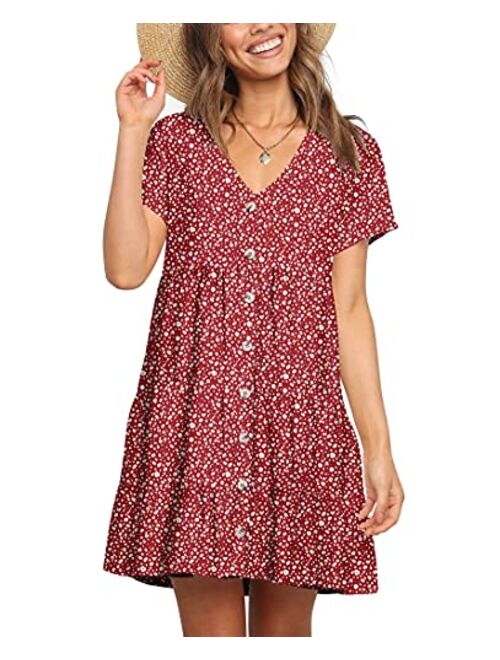 FOWSMON Women's Tunic Dress Cute Printed V Neck Long Sleeve Casual Swing Ruffle Dress