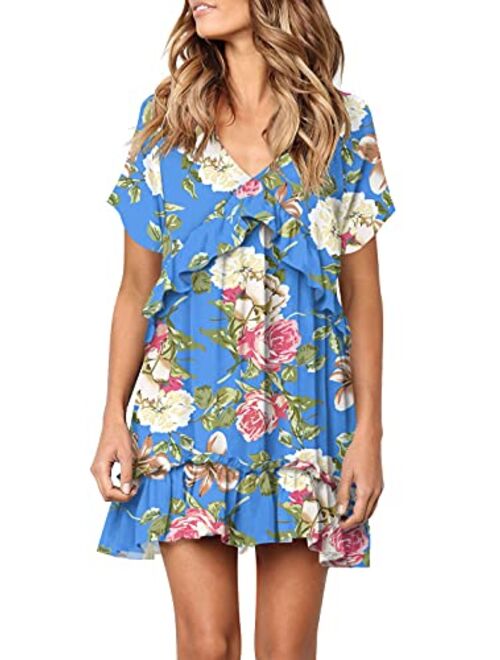 FOWSMON Women's Tunic Dress Cute Printed V Neck Long Sleeve Casual Swing Ruffle Dress