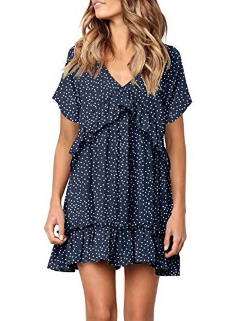 FOWSMON Women's Tunic Dress Cute Printed V Neck Long Sleeve Casual Swing Ruffle Dress