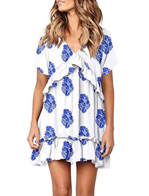 FOWSMON Women's Tunic Dress Cute Printed V Neck Long Sleeve Casual Swing Ruffle Dress