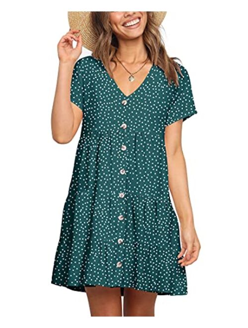 FOWSMON Women's Tunic Dress Cute Printed V Neck Long Sleeve Casual Swing Ruffle Dress