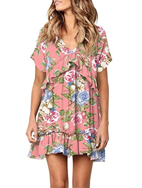 FOWSMON Women's Tunic Dress Cute Printed V Neck Long Sleeve Casual Swing Ruffle Dress