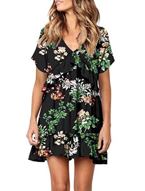 FOWSMON Women's Tunic Dress Cute Printed V Neck Long Sleeve Casual Swing Ruffle Dress