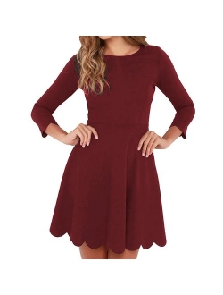 SUNNOW Women's O-Neck 3/4 Sleeve Pleated Tunic Wavy Skater Dress