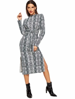 Women's Snakeskin Print Long Sleeve Tie Waist Midi Dress