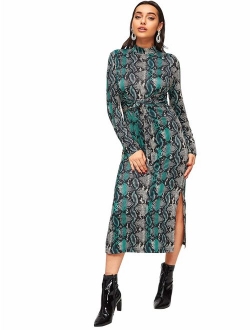 Women's Snakeskin Print Long Sleeve Tie Waist Midi Dress