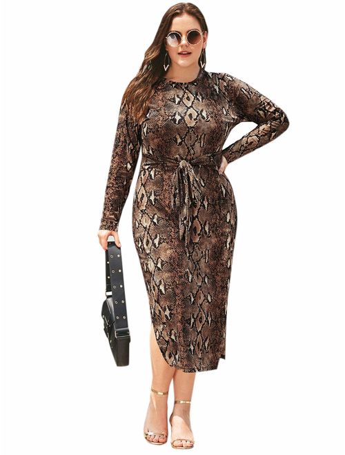 Floerns Women's Snakeskin Print Long Sleeve Tie Waist Midi Dress