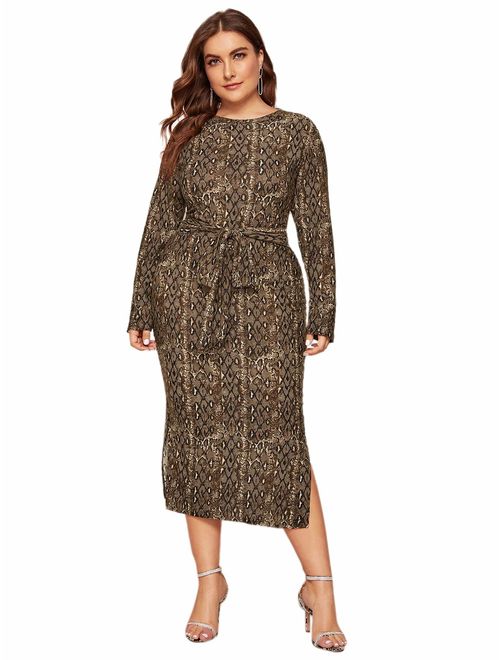 Floerns Women's Snakeskin Print Long Sleeve Tie Waist Midi Dress