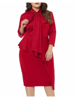 LALAGEN Women's Plus Size Long Sleeve Peplum Tie Neck Bodycon Pencil Midi Dress