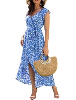 Women's Summer Floral Print Cross V Neck Dress Bohemian Flowy Long Maxi Dresse