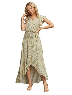 Women's Summer Floral Print Cross V Neck Dress Bohemian Flowy Long Maxi Dresse
