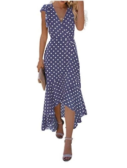 Women's Summer Floral Print Cross V Neck Dress Bohemian Flowy Long Maxi Dresse