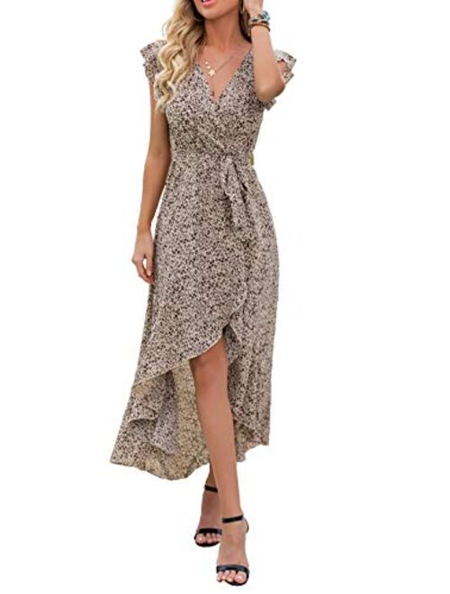 GRECERELLE Women's Summer Floral Print Cross V Neck Dress Bohemian Flowy Long Maxi Dresse