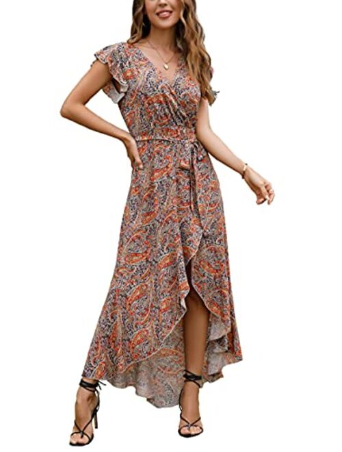 GRECERELLE Women's Summer Floral Print Cross V Neck Dress Bohemian Flowy Long Maxi Dresse