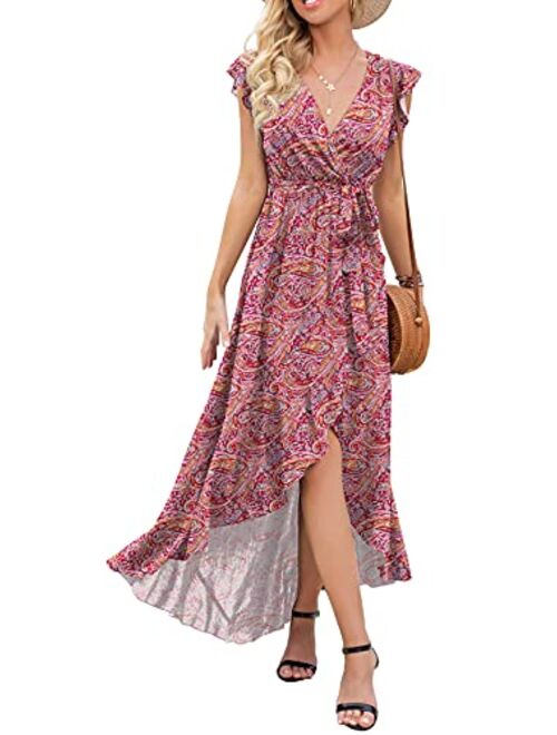 GRECERELLE Women's Summer Floral Print Cross V Neck Dress Bohemian Flowy Long Maxi Dresse