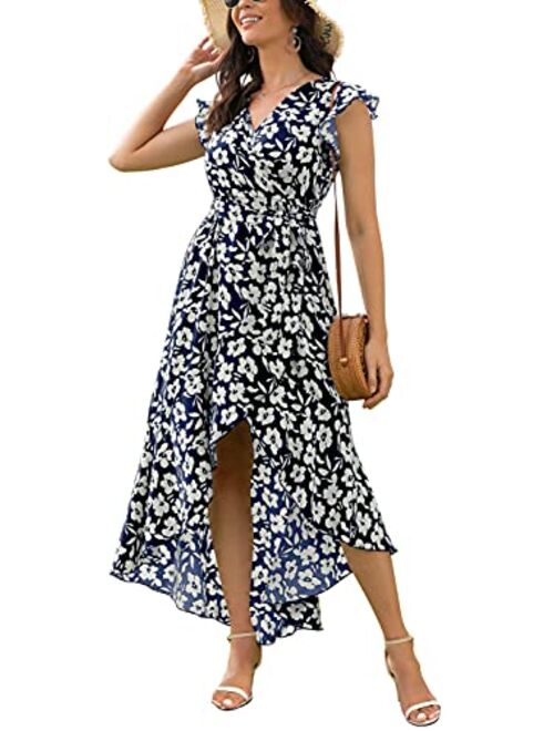 GRECERELLE Women's Summer Floral Print Cross V Neck Dress Bohemian Flowy Long Maxi Dresse