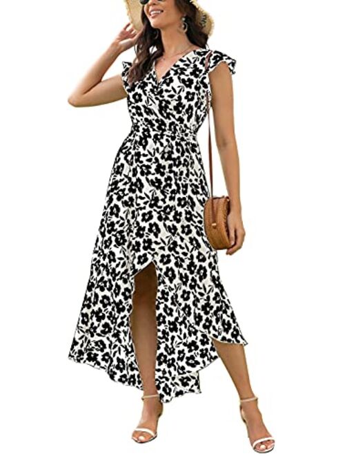 GRECERELLE Women's Summer Floral Print Cross V Neck Dress Bohemian Flowy Long Maxi Dresse