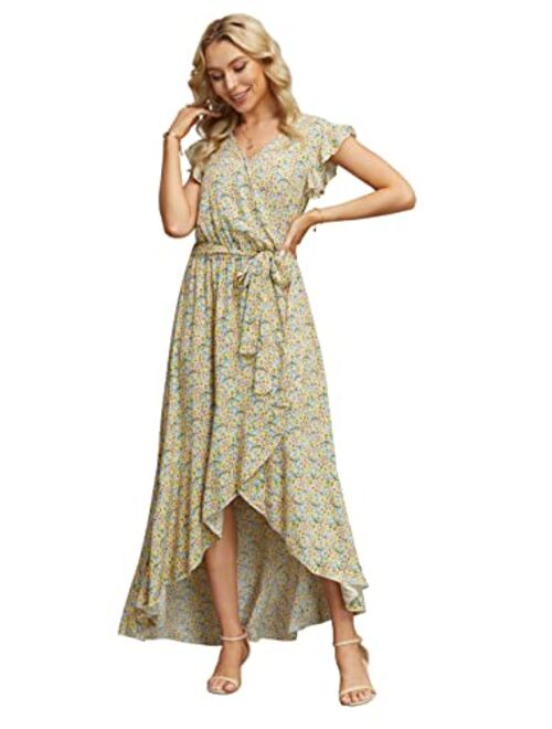 GRECERELLE Women's Summer Floral Print Cross V Neck Dress Bohemian Flowy Long Maxi Dresse