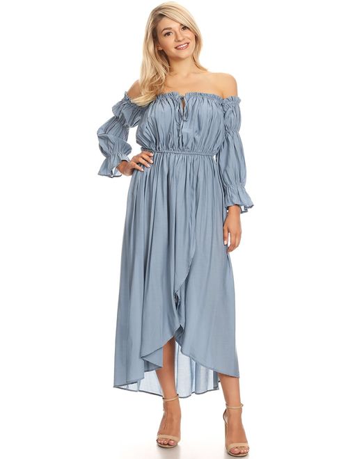 Anna Kaci ANNA-KACI Womens Casual Boho Long Sleeve Off Shoulder Renaissance Peasant Dress