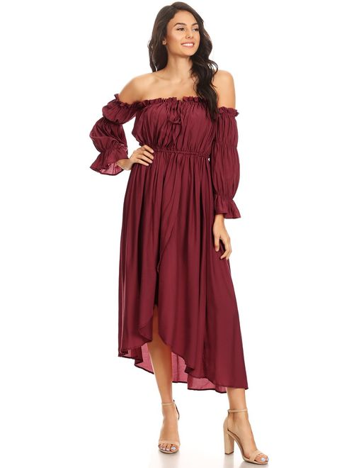 Anna Kaci ANNA-KACI Womens Casual Boho Long Sleeve Off Shoulder Renaissance Peasant Dress