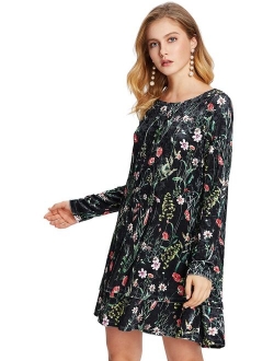 Women's Flower Print Swing Velvet Elegant Dress