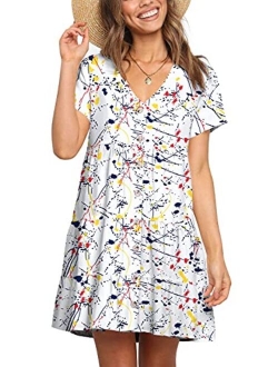 Cosonsen Womens Printed Swing Shift Dress Long Sleeve V Neck Tunic Dress