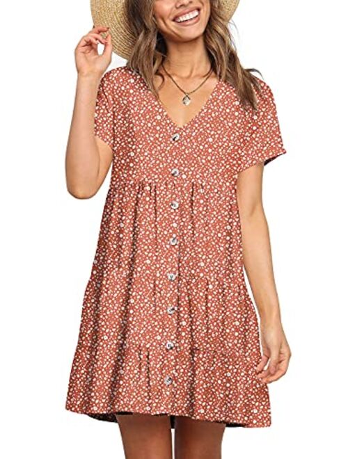 Cosonsen Womens Printed Swing Shift Dress Long Sleeve V Neck Tunic Dress