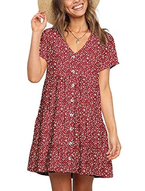 Cosonsen Womens Printed Swing Shift Dress Long Sleeve V Neck Tunic Dress